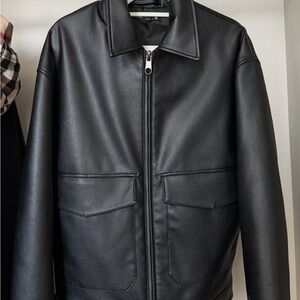 Zara Men's Black Faux Leather Bomber Jacket with Front Zip and Flap Pockets